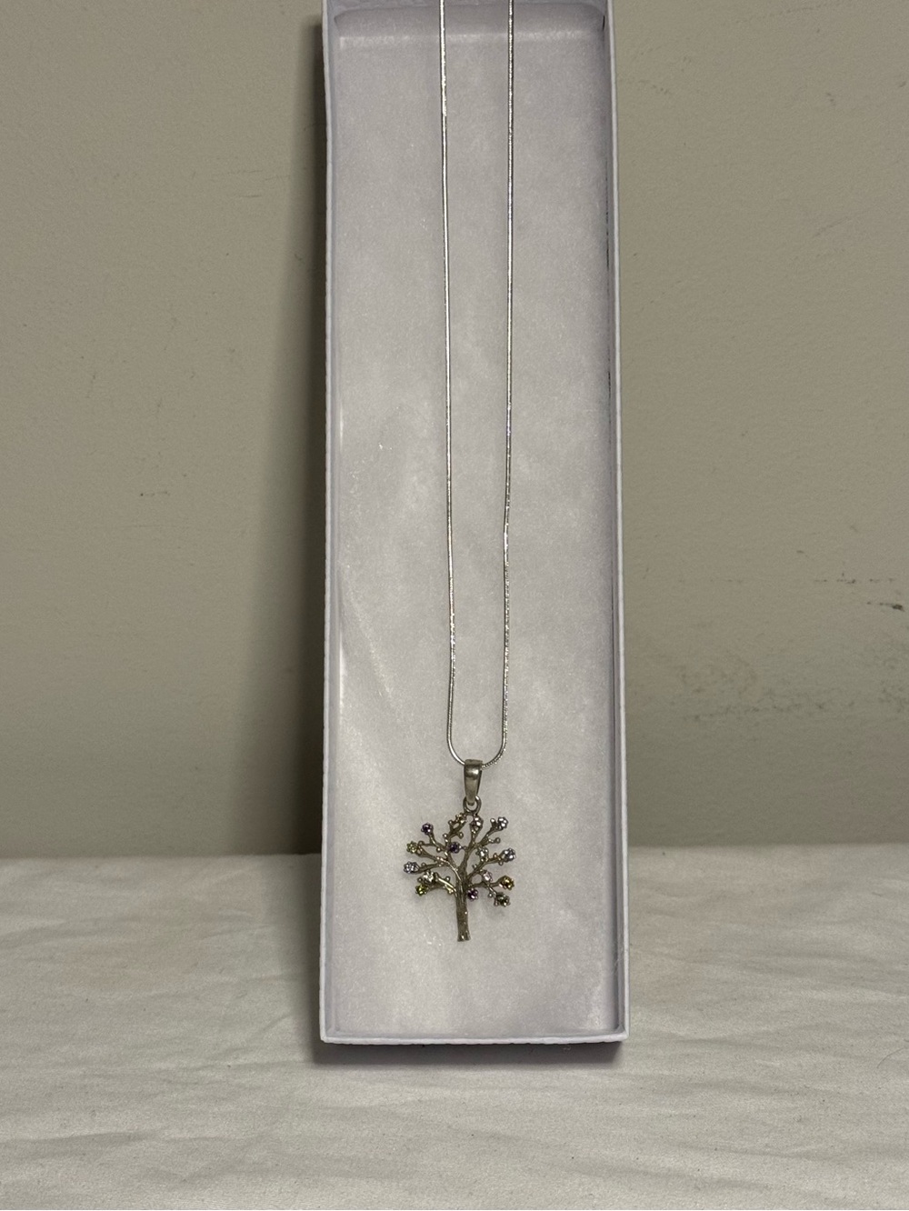 Sterling Silver/925 Tree Charm With Colored Stone And 22 Inch 925 Chain Gift Box